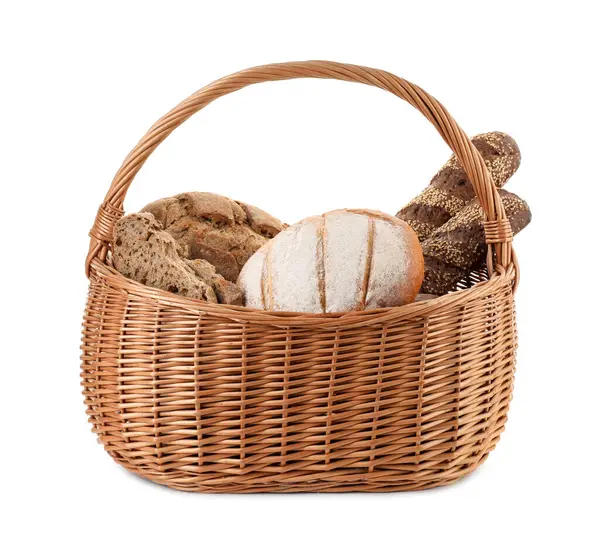 Wicker Basket Different Types Fresh Bread Isolated White — Stock Photo, Image