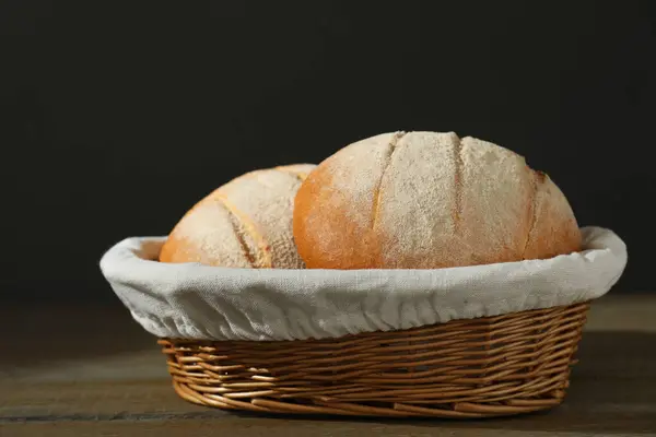 Wicker Basket Fresh Bread Wooden Table — Stock Photo, Image