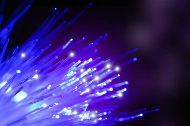 Optik fiber iplikler siyah arkaplan üzerinde mavi ışık iletiyor, makro görünüm