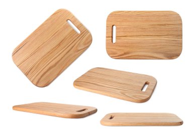 Tahta kesme tahtası beyaza izole edilmiş, farklı açılardan görülüyor.