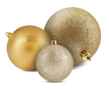 Farklı parlak Noel topları, beyaza izole edilmiş.