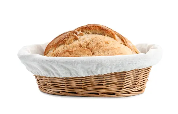 Wicker Basket Fresh Bread Isolated White — Stock Photo, Image