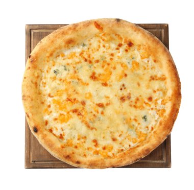 Lezzetli peynirli pizza beyazda izole edilmiş, üst manzara