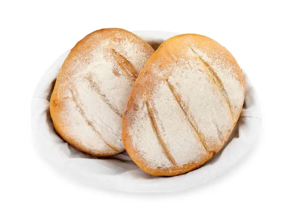 Basket Fresh Bread Isolated White Top View — Stock Photo, Image