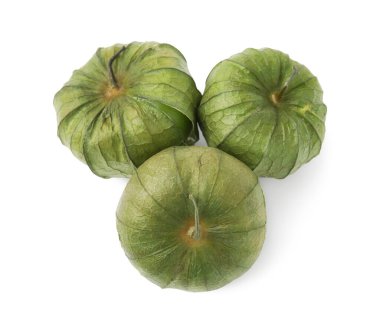 Fresh green tomatillos with husk isolated on white, top view clipart