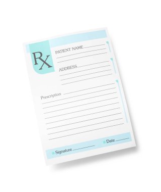Tıbbi reçete formu beyaz, üst görünümde izole edildi