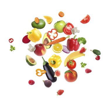 Beyaz arka planda farklı taze meyve ve sebzeler