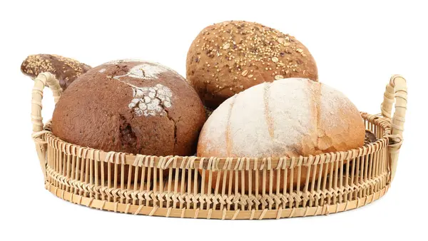 Wicker Basket Different Types Fresh Bread Isolated White — Stock Photo, Image