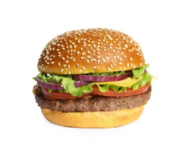 Lezzetli köfteli burger beyaz üzerine izole edilmiş.