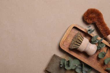 Temizlik fırçaları, sabun, sünger ve okaliptüs yaprakları soluk kahverengi arka plan, üst manzara. Metin için boşluk