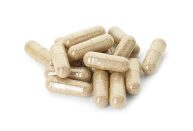 Beyaza izole edilmiş vitamin kapsülleri. Sağlık takviyesi