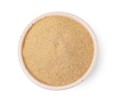 Beslenme lifleri. Kabın içindeki psilyum kabuğu beyaz, üst görünümde izole edilmiş.