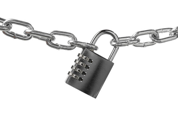 Steel combination padlock and chain isolated on white