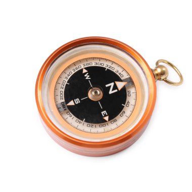 Bir pusula beyazda izole edilmiş. Turizm ekipmanları