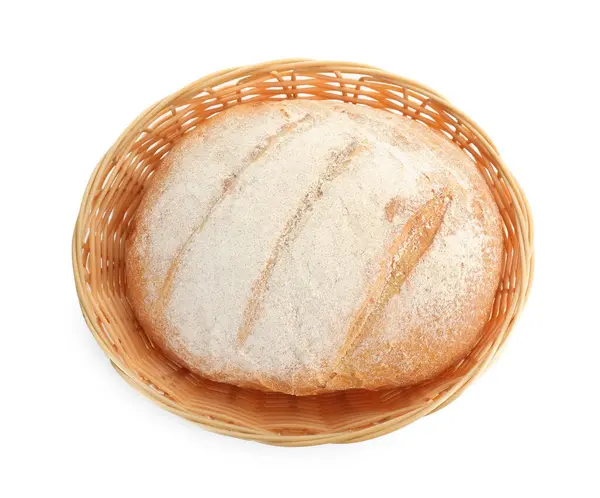 Wicker Basket Fresh Bread Isolated White Top View — Stock Photo, Image