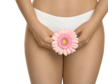 Jinekoloji. Beyaz arka planda Gerbera çiçeği olan iç çamaşırlı kadın, yakın plan.