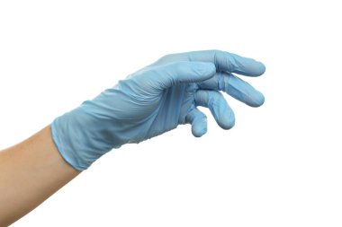 Doktor beyaz arka planda açık mavi tıbbi eldiven giyiyor, yakın plan.