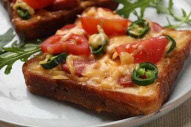 Lezzetli pizza tostu ve taze roka tabakta, yakın plan.