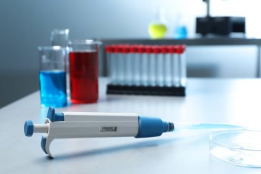 Laboratuvar analizi. Mikropipet, petri kabı, sıvı dolu deney tüpleri ve gri masada test tüpleri.