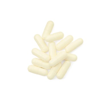 Vitamin kapsülleri beyaz, üst görünümde izole edilmiş. Sağlık takviyesi