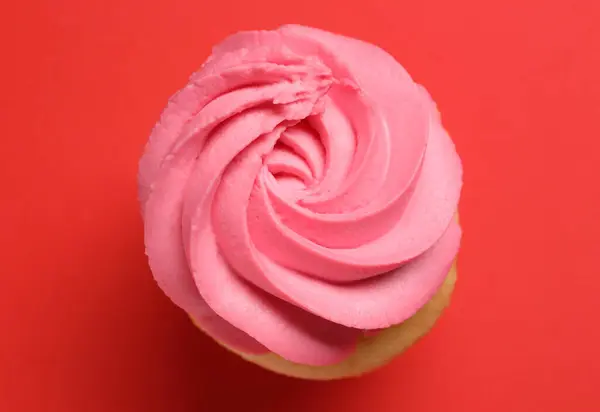 Delicious Cupcake Bright Cream Red Background Top View Stok Resim