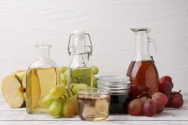 Different Types Vinegar Ingredients Wooden Table Closeup Ліцензійні Стокові Фото