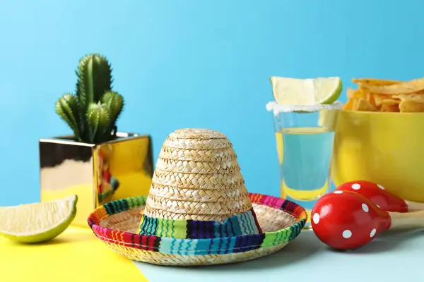 Mexican Sombrero Hat Cactus Nachos Chips Maracas Tequila Light Blue Стокове Фото