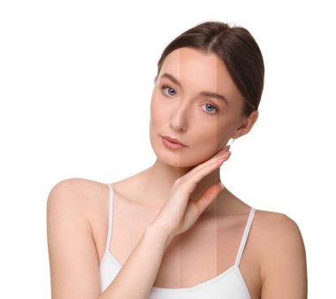 Solaryum teni. Beyaz arka planda farklı ten renkleri olan kadın portresi