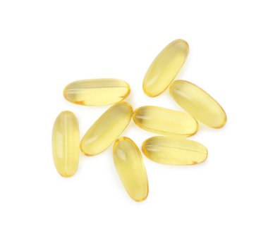Vitamin kapsülleri beyaz, üst görünümde izole edilmiş. Sağlık takviyesi