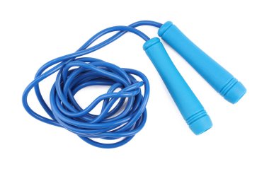 Mavi atlama ipi beyazda izole edilmiş, üst manzara. Spor malzemeleri.