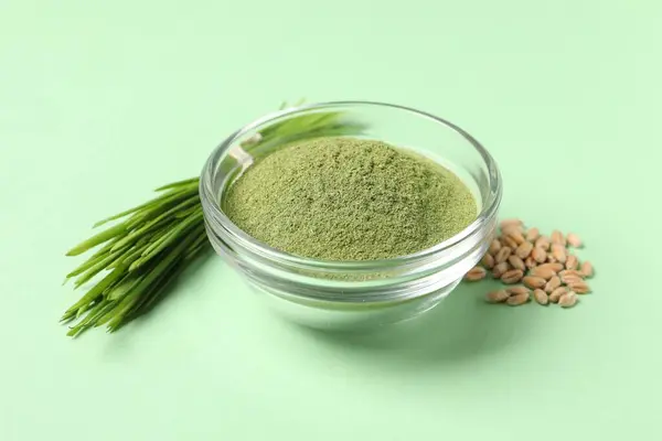 Wheat Grass Powder Bowl Seeds Fresh Sprouts Green Table Stock Image