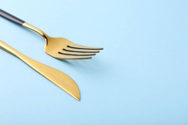 Şık çatal bıçak takımı. Açık mavi arka planda altın bıçak ve çatal, yakın plan. Metin için boşluk