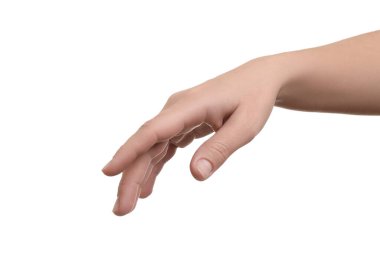 Bir şey beyaz arka planda, closeup elinde tutan kadın
