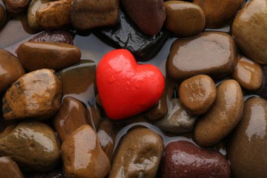 Taşların ve suyun üzerindeki kırmızı dekoratif kalp, üst manzara.