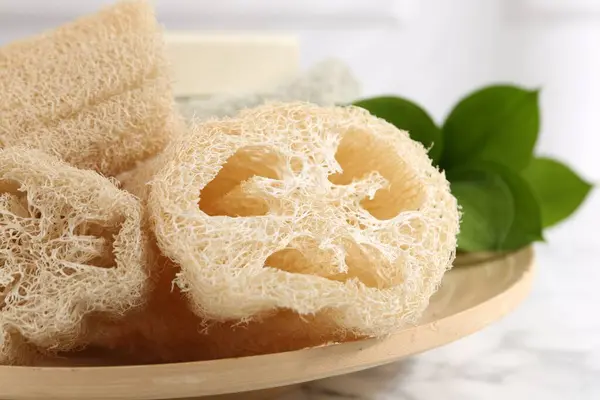 stock image Loofah sponges and green leaves on table, closeup