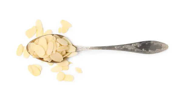Fresh Almond Flakes Spoon Isolated White Top View Stock Image