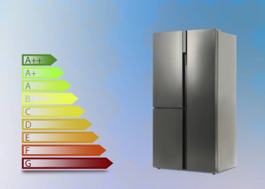 Gradyan renk arkaplanı üzerinde enerji verimliliği derecelendirme etiketi ve buzdolabı