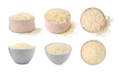 Beyaz, üst ve kenar görünümlü tencerelerde pişirilmemiş pirinçler.