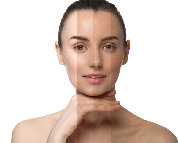 Solarium tan. Combined portrait of woman with different skin tones on white background