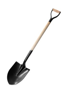 Beyaza izole edilmiş tahta saplı yeni bir kürek. Bahçe aleti