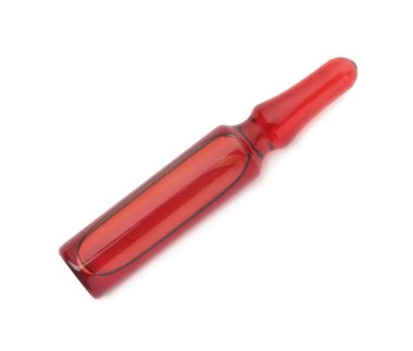 Bir cam ampul, beyaza izole edilmiş sıvı, üst görünüm.