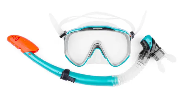 绿松石潜水面罩和鼻孔隔离在白色的顶部视图 体育设备 免版税图库照片