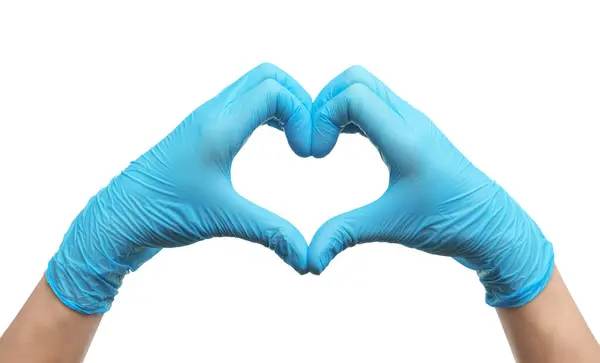 Doctor Wearing Light Blue Medical Gloves Making Heart Gesture White Fotos De Bancos De Imagens