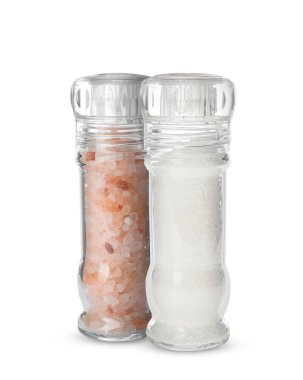 Cam değirmeninde farklı tuz ve beyaz üzerine izole edilmiş titretici.