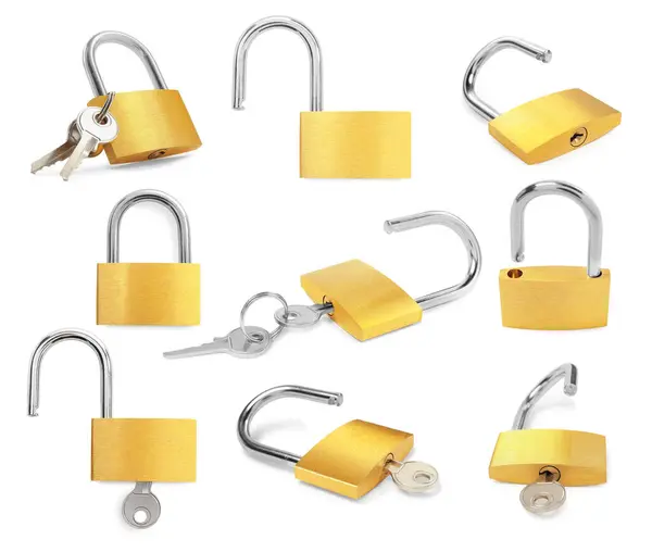 Steel Padlock Isolated White Different Sides Set Stock-foto