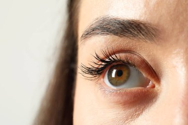 Işıklı arka planda güzel gözlü bir kadının Macro fotoğrafı. Metin için boşluk