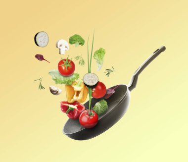 Kızartma tavası ve farklı renkte farklı sebzeler.