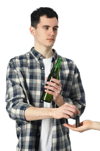 Man Bottle Beer Giving Car Key Woman White Background Closeup Fotos De Bancos De Imagens