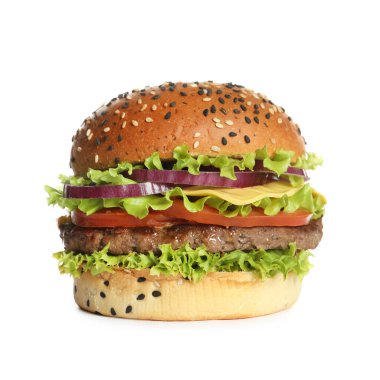 Lezzetli köfteli burger beyaz üzerine izole edilmiş.