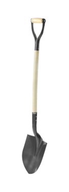 Beyaza izole edilmiş tahta saplı yeni bir kürek. Bahçe aleti